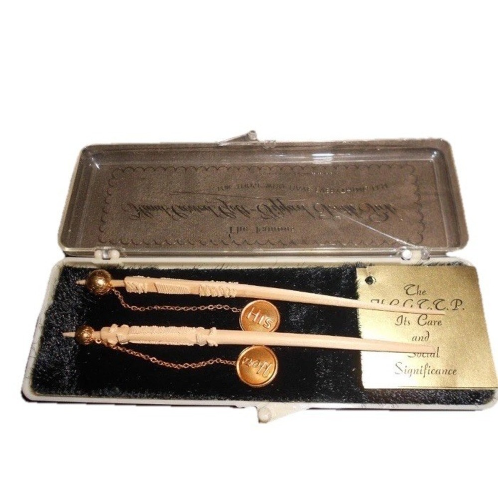 Vintage Hand Wood Carved Golt Tipped Toothpicks His & Hers